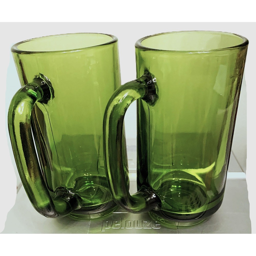 2 Retro Avocado Green 1970's Steins Mugs Heavy Freezer Safe Glass